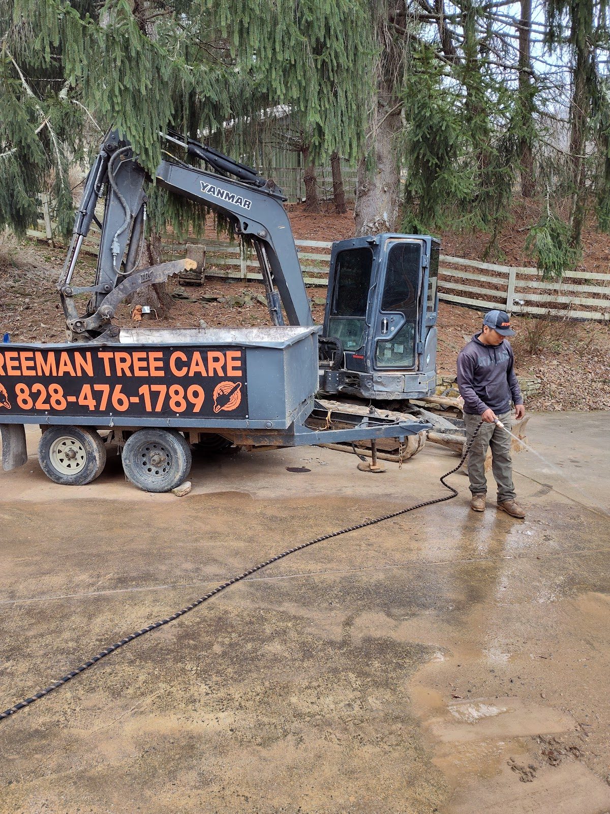 Freeman Tree Care branded trailer and mini excavator at a job